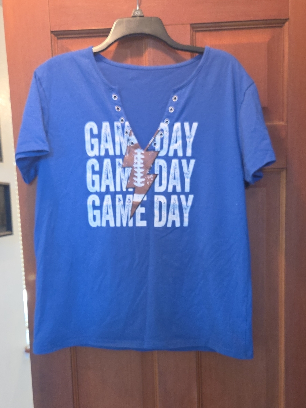 Blue "Game Day" V Neck Football Graphic Tee